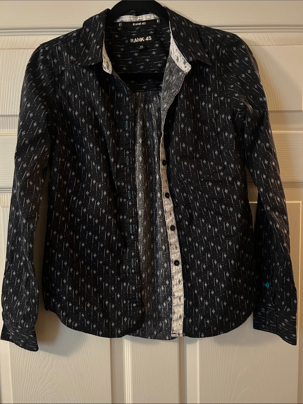 Rank-45 Women’s Navy Printed Button-Up Shirt